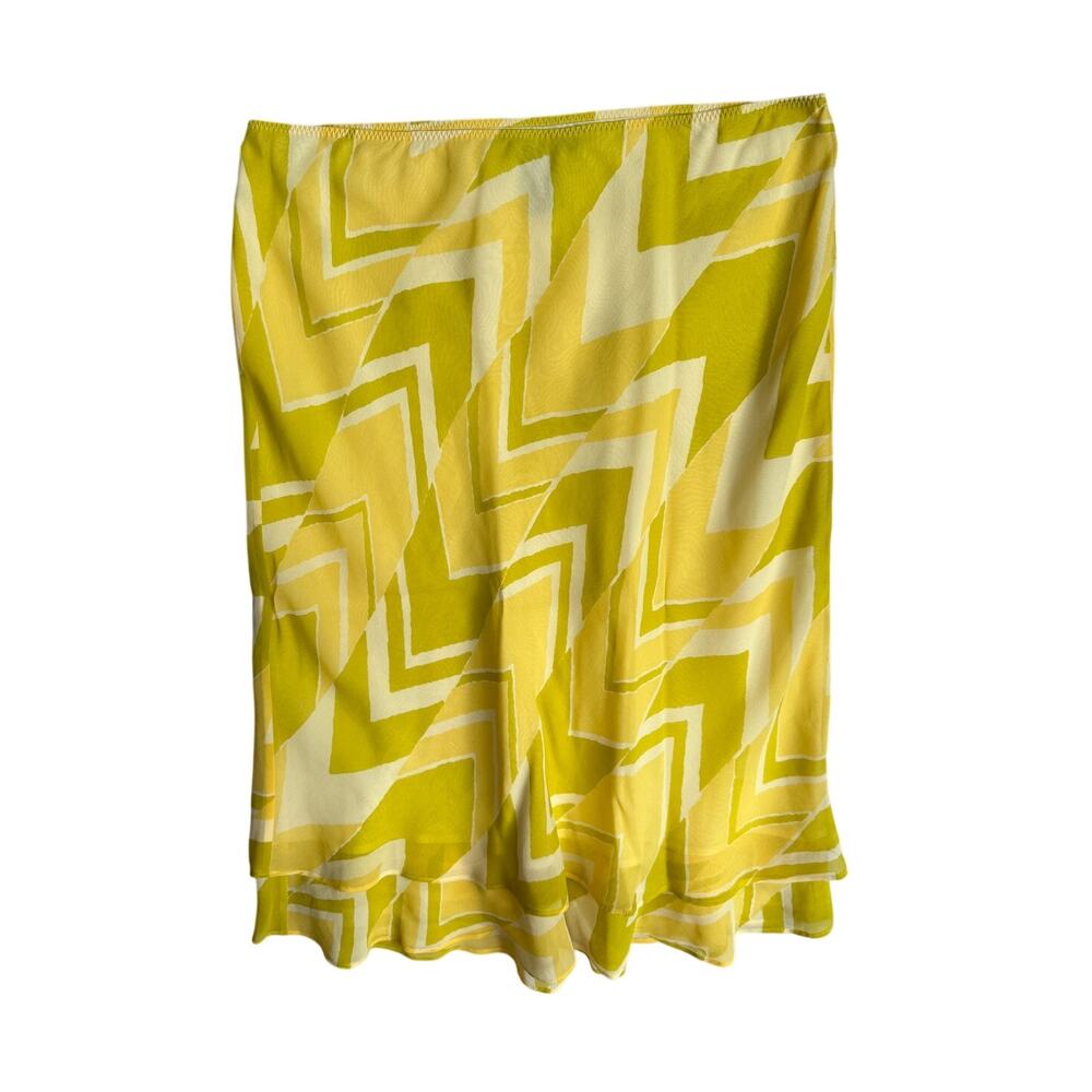 Y2K 90s Silk Slip Midi Skirt Yellow Green Geometric Euro Summer Vacation XS